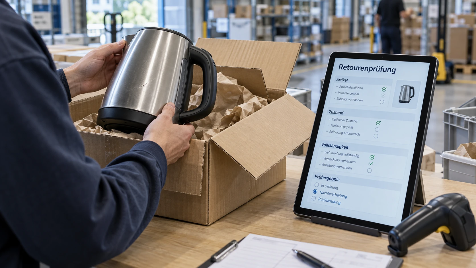 Wareneingang mit geöffnetem Retourenpaket und Prüfprotokoll auf einem Tablet
