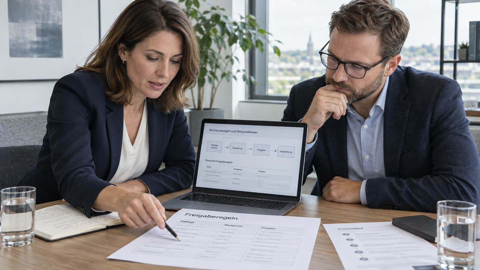Zwei Personen besprechen ein Regelwerk für Freigaben und Wertgrenzen am Besprechungstisch