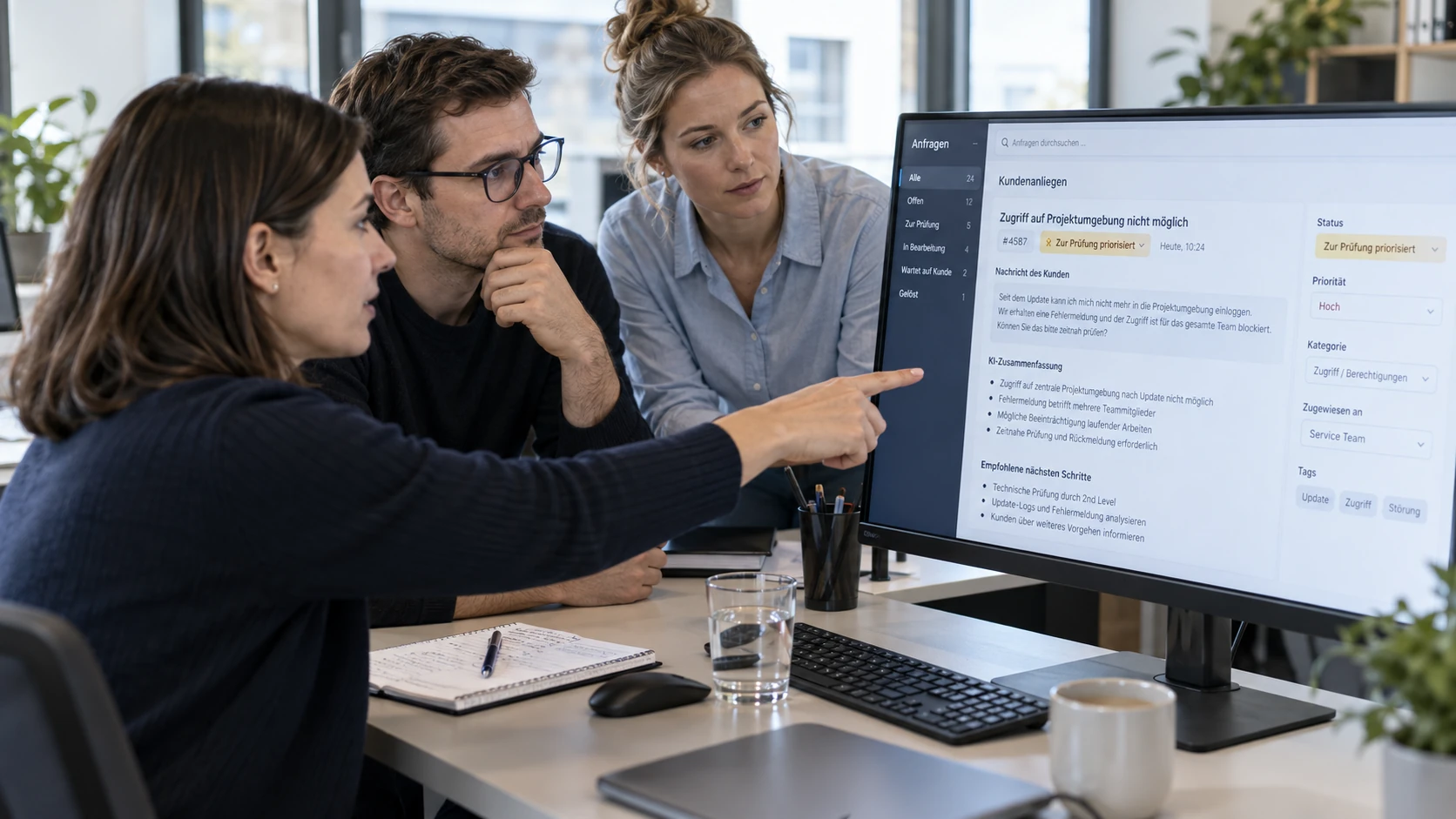 Serviceteam bespricht ein durch Eskalationserkennung KI vorgezogenes Kundenanliegen