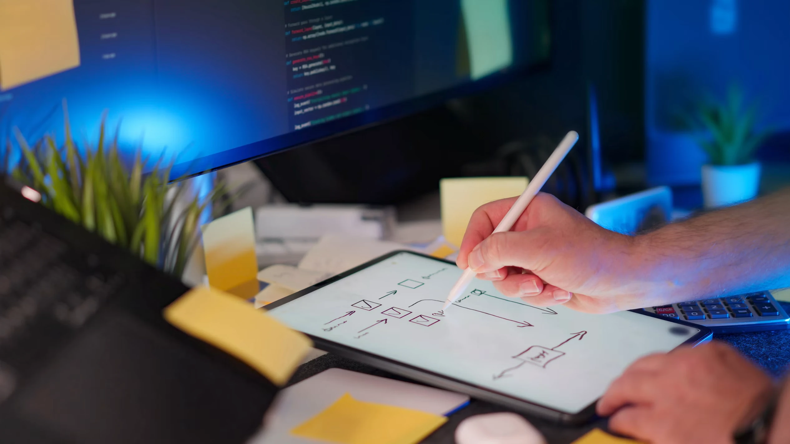 Hand skizziert mit Stift auf einem Tablet einen Prozessablauf aus Kästchen und Pfeilen, im Hintergrund Code auf dem Monitor