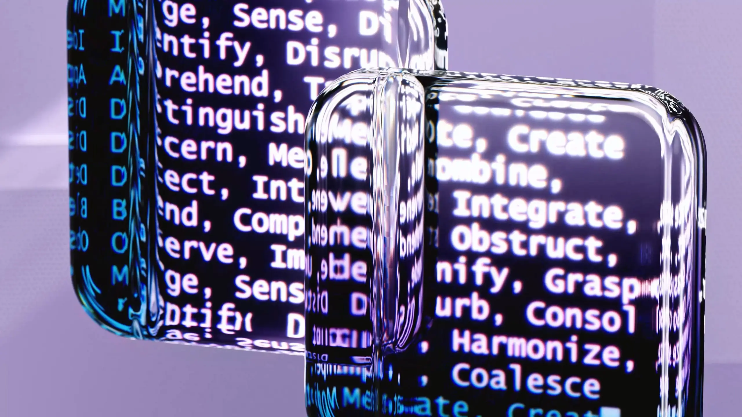 Zwei gläserne Kacheln spiegeln Code-Text mit Verben wie Create, Integrate und Combine vor violettem Hintergrund
